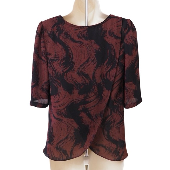 REISS Maroon/Black Polyester Abstract Print Round Neck 3/4 Sleeve Blouse - Picture 4 of 8